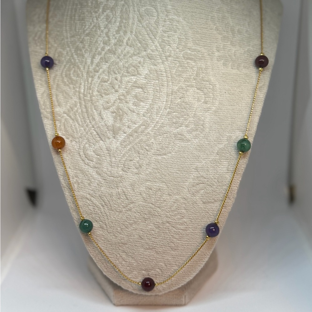 Multicolor Gemstone Bead Station Necklace Gold Tone Chain 24” Minimalist